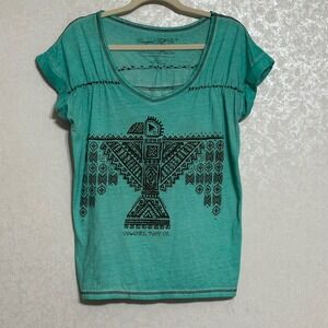 Cowgirl Tuff Turquoise Aztec Thunderbird Studded Graphic Short Sleeve T-Shirt L